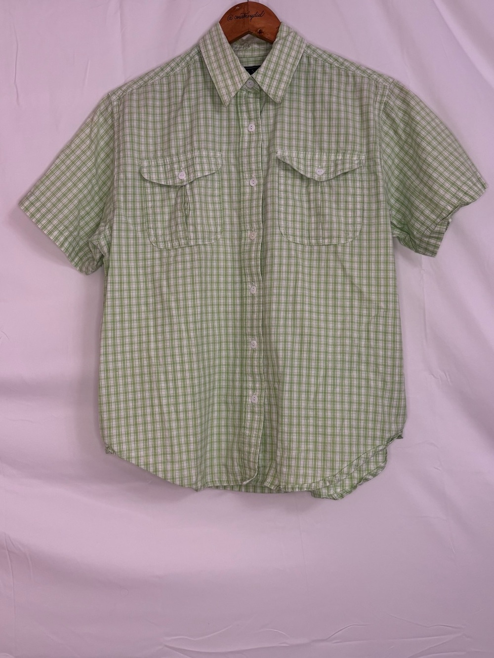 Karen Scott Green & White Gingham Plaid Short-Sleeve Button-Up Shirt - Small